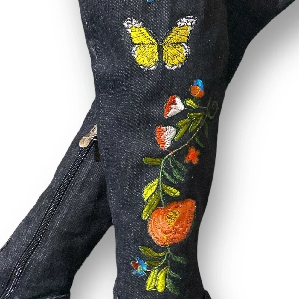 Vintage Denim Over the Knee Slouchy Boot Embroidered Butterflies Point Toe Size7